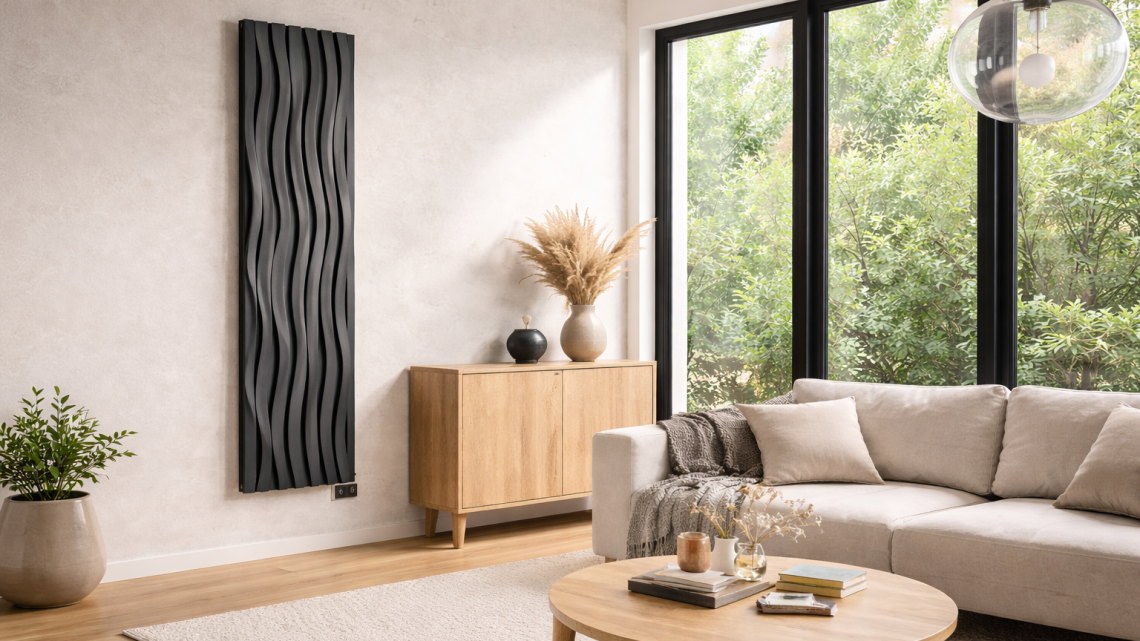 Nowoczesny salon z falistym grzejnikiem